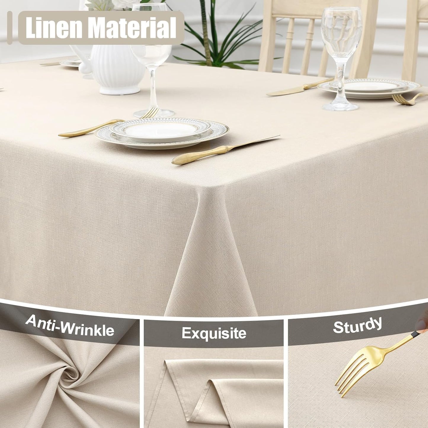 Rectangle Table Cloth Linen Textured, Waterproof Spillproof Anti-Wrinkle Burlap Tablecloth, Washable Decorative Fabric Table Cover for Dining, Party, Banquet, 52 X 70 Inch, Beige