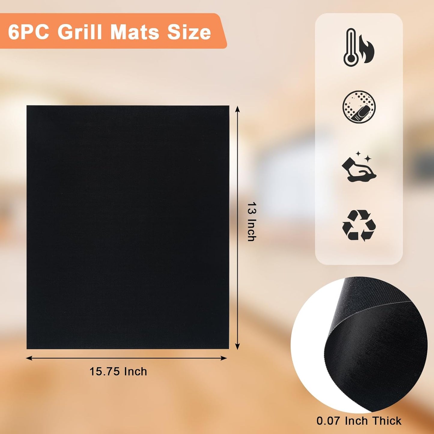 Grill Mats for Outdoor Grill, Set of 6 Reusable Baking Mat Non Stick Heat Resistant Grilling Mat, Grill Accessories Works on Gas Charcoal and Electric BBQ, 15.75 X 13-Inch, Black
