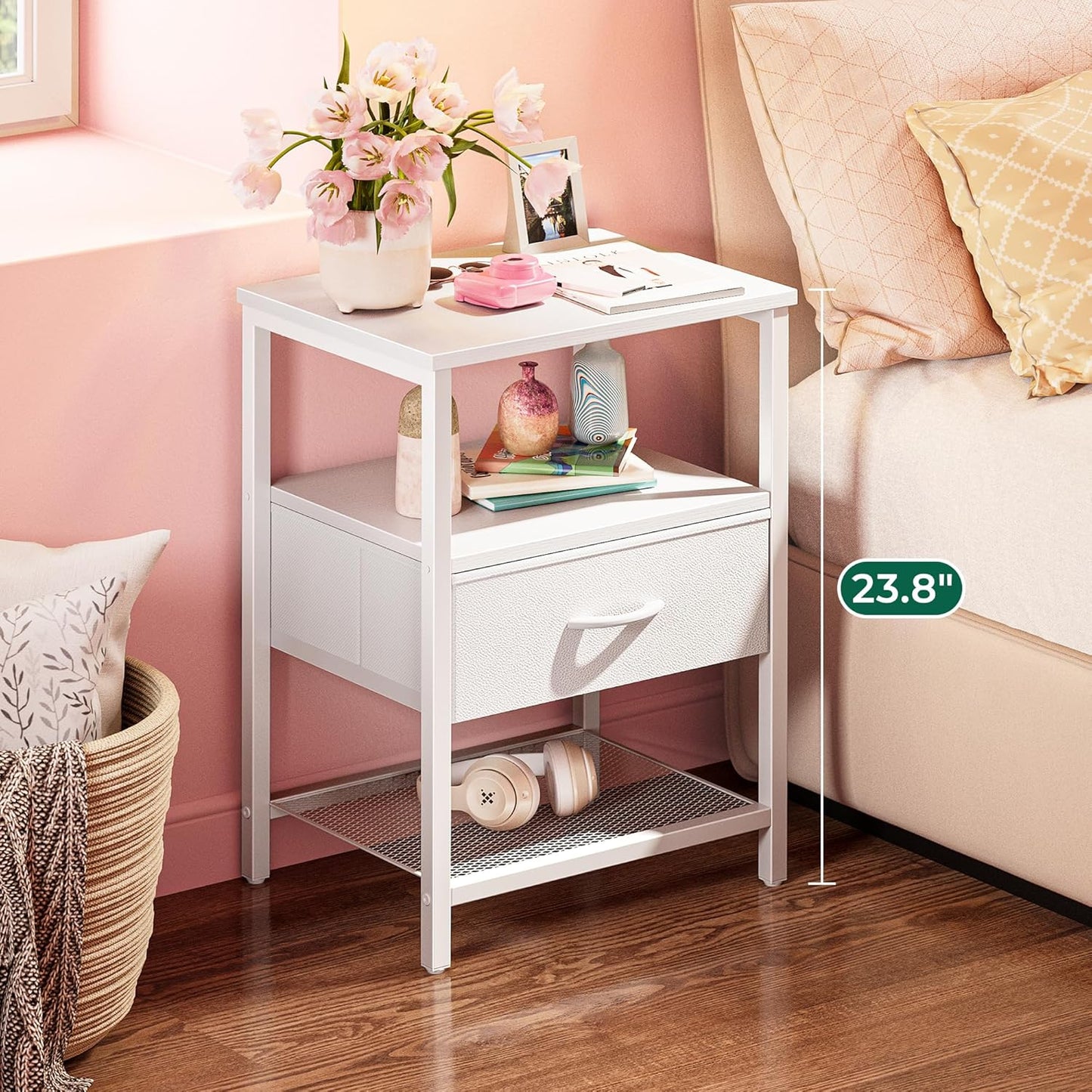 Fabric Drawer Nightstand with Mesh Shelf and Metal Frame, White