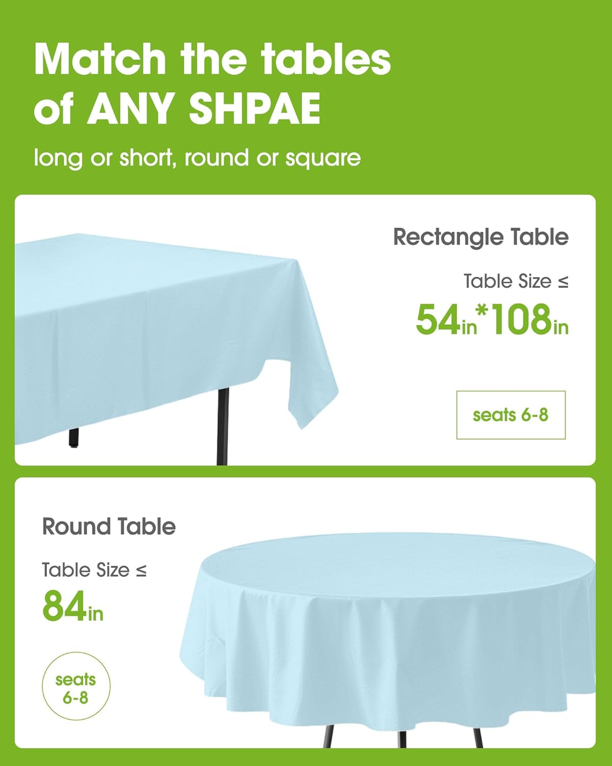 Plastic Table Cloth Disposable 12 Pack, 54 X 108 Inch Table Cloths, Easter Party, Picnic, Wedding, Decorative Tablecloths, Rectangle, Baby Blue Plastic Cover, Leakproof & Sturdy, Light Blue