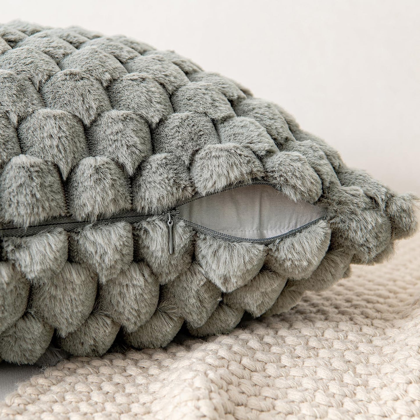 Grey Faux Fur Decorative Throw Pillow Covers 18X18 Inch Set of 2 Super Soft Cozy Plush Cushion Cases Luxury Fluffy Pillowcases for Sofa Couch Bed Living Room