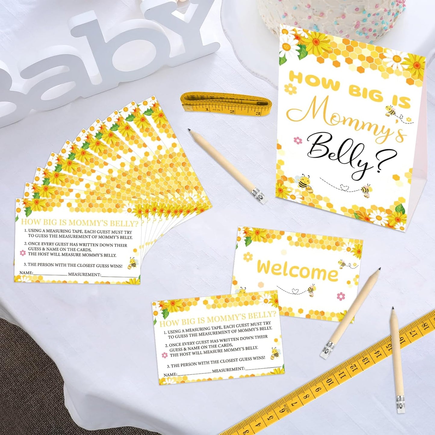 Guess Baby Shower Games Set – How Big Is Mommy'S Belly Sign, 64 Pcs Measure Bump Game with 50 Guessing Cards, 10 Pencils, and 3 Measuring Tapes for Baby Shower Gender Reveal Party (Bee Theme)