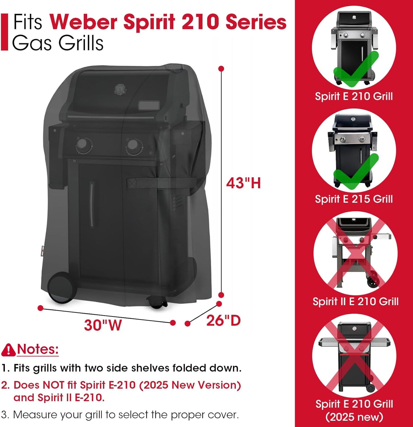 30 Inch Grill Cover, Heavy Duty Waterproof 2 Burner Small BBQ Cover, Compatible with Weber Spirit 210 with Side Tables Down, Does NOT Fit Spirit II E-210 (Include 2025 Version) with Table Up