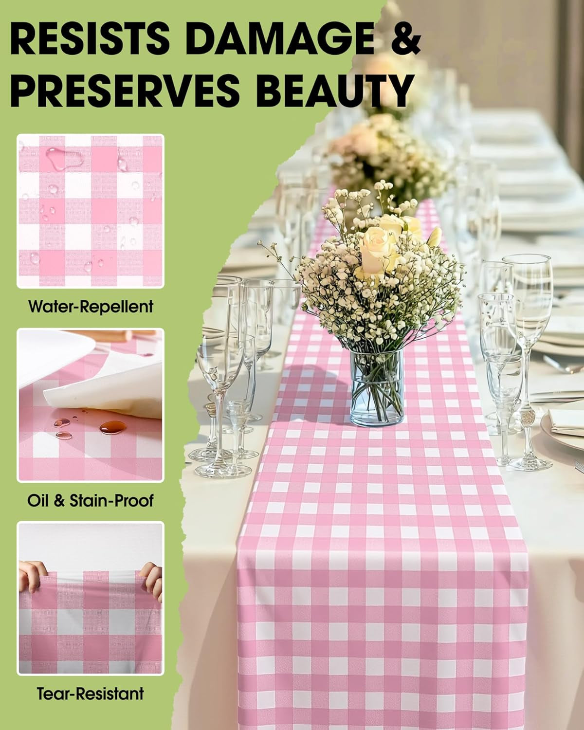 Gingham Plastic Table Runners - 10 Pack, 14'' X 108'', Water Resistant & Disposable Plaid Centerpiece Decorations for Table Cloth, Birthday, Holiday, Party, Pink and White Checkered Home Decor