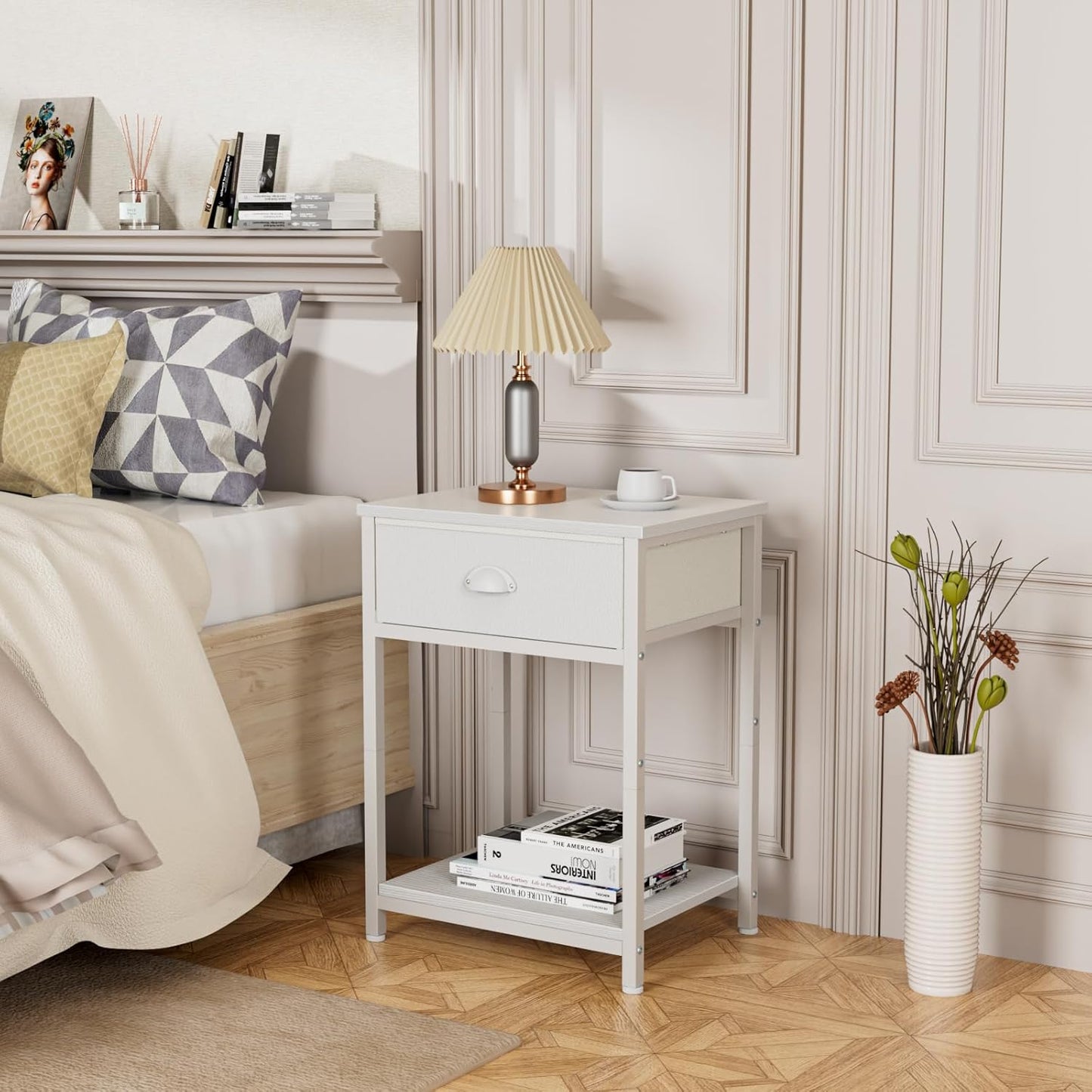White Nightstand with Fabric Drawer, Small Side Table for Small Spaces, 2 Tiers Storage Shelves End Table, Night Stand for Living Room, Bedroom, Dorm