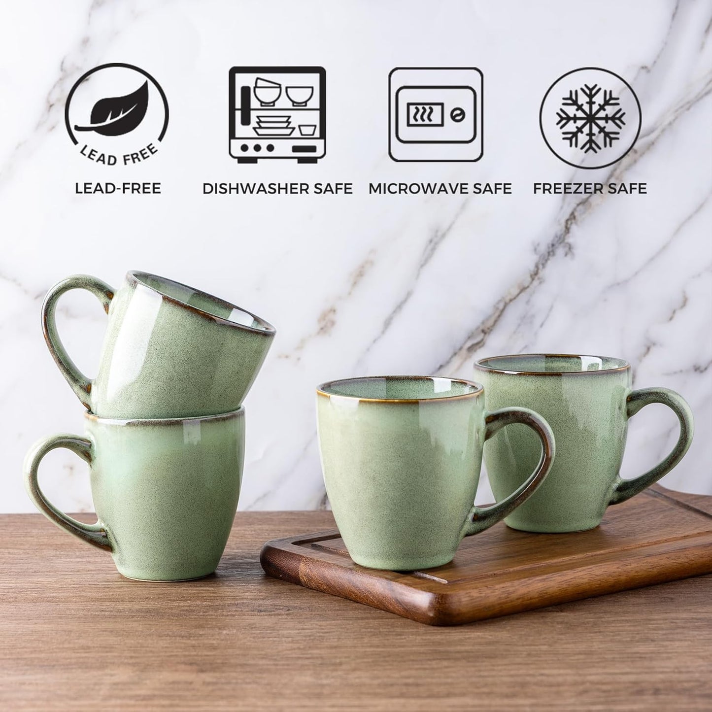 Set of 6 Pastel Green Ceramic Coffee Mugs, 12oz Stoneware Cups for Hot Beverages, Dishwasher and Microwave Safe