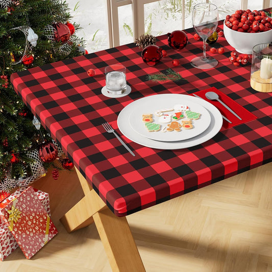 Buffalo Rectangle Picnic Tablecloth, 6 Foot Elastic Fitted Vinyl Table Cloth with Flannel Backing, Waterproof Plaid Table Covers for Dining, Camping, Outdoor (Black and Red, 30" X 72")