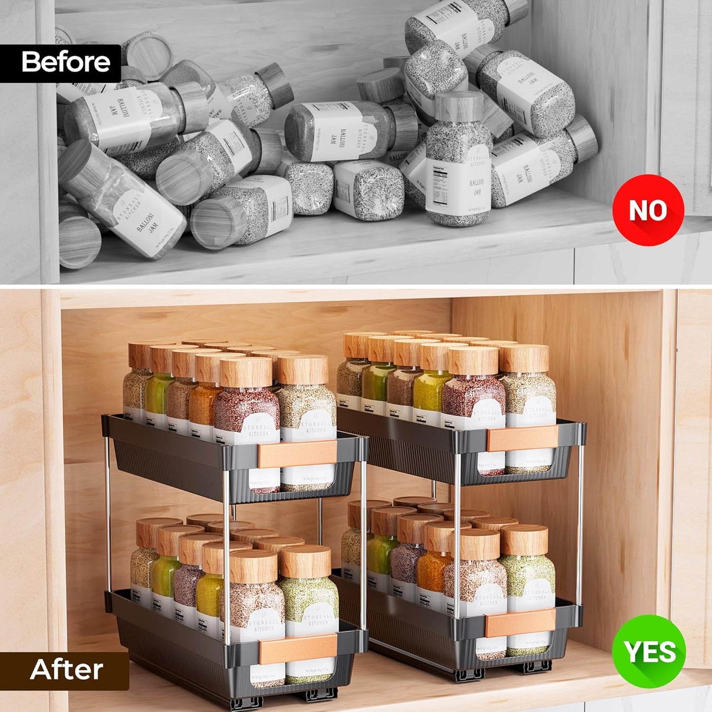 2 Pack Pull Out Spice Rack Organizer for Cabinet, 2 Tier Slide Out Spice Organization, Vertical Spice Organizer, Cabinet Size Need:12.5'' High X 11'' Deep X 5.5'' Wide(Not for Cabinet with Lip)