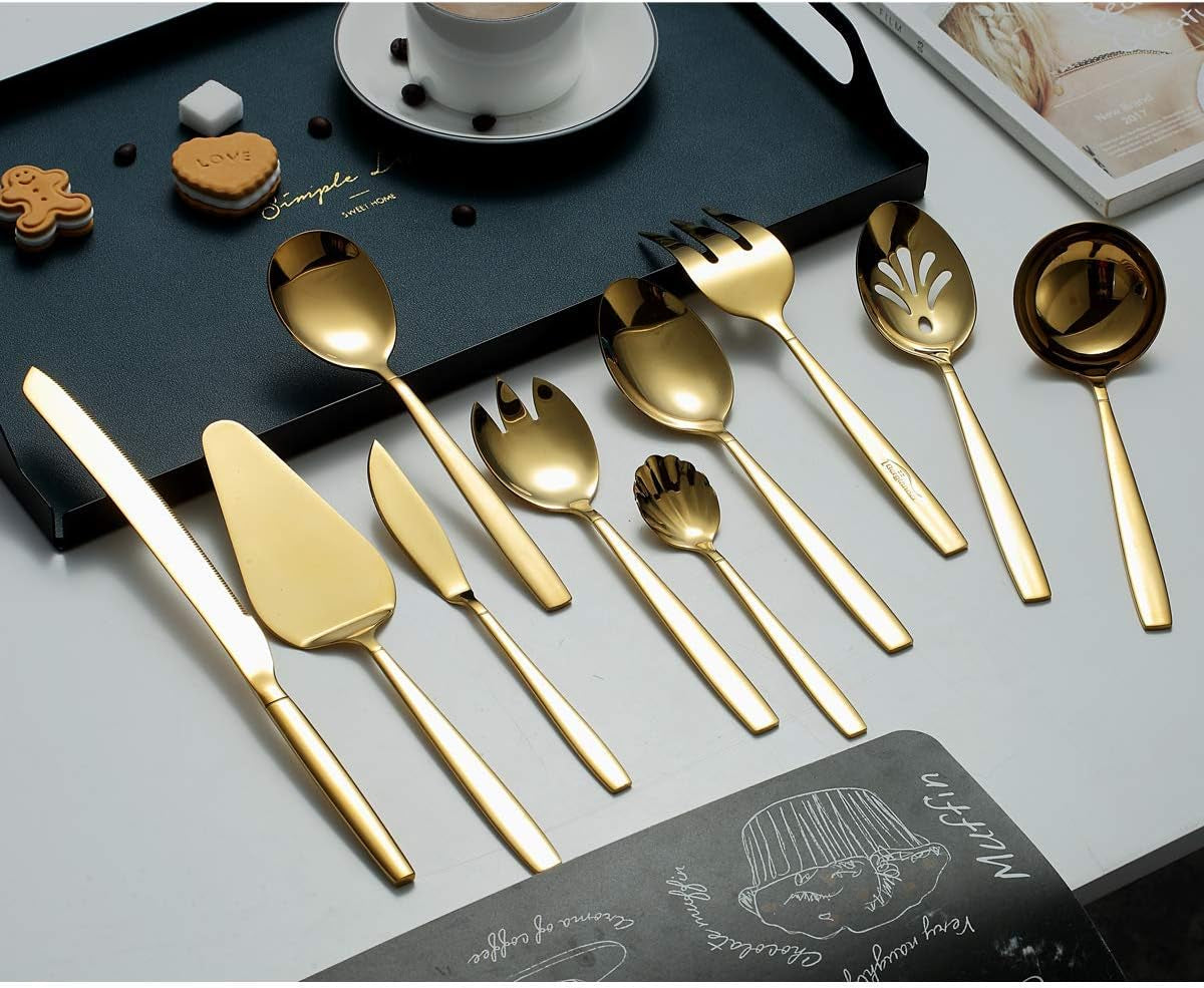 10-Piece Gold Serving Utensil Set with Titanium Plating, Including Cake Knife, Cake Server, Serving Forks, Sugar Spoon, Salad Spoon, Butter Knife, Gravy Ladle, and More