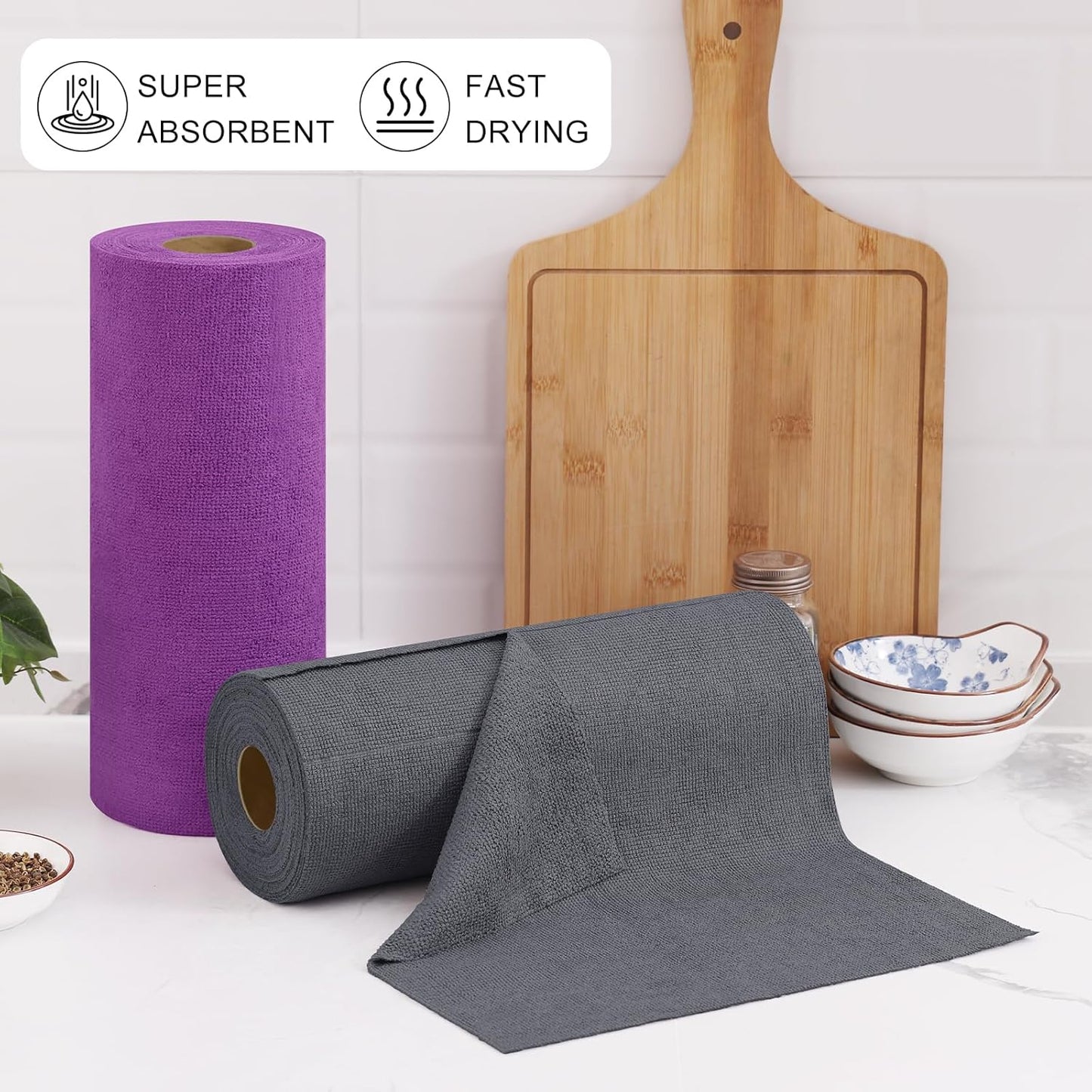 Tear Away Dish Cloths Rolls, 40 Sheets-11.8" X 11.8", Reusable Washable Dish Towels for Kitchen, Ultra Absorbent and Quick Drying Microfiber Cleaning Rags, Grey