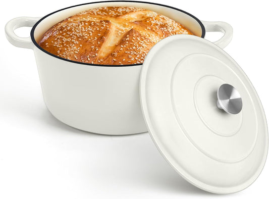 7QT Enameled Dutch Oven, Cast Iron Dutch Oven Pot with Lid for Bread Baking, Enameled Casserole Pot for Roasting Braising Stewing Frying Simmering, Various Stoves & Easy Clean, White