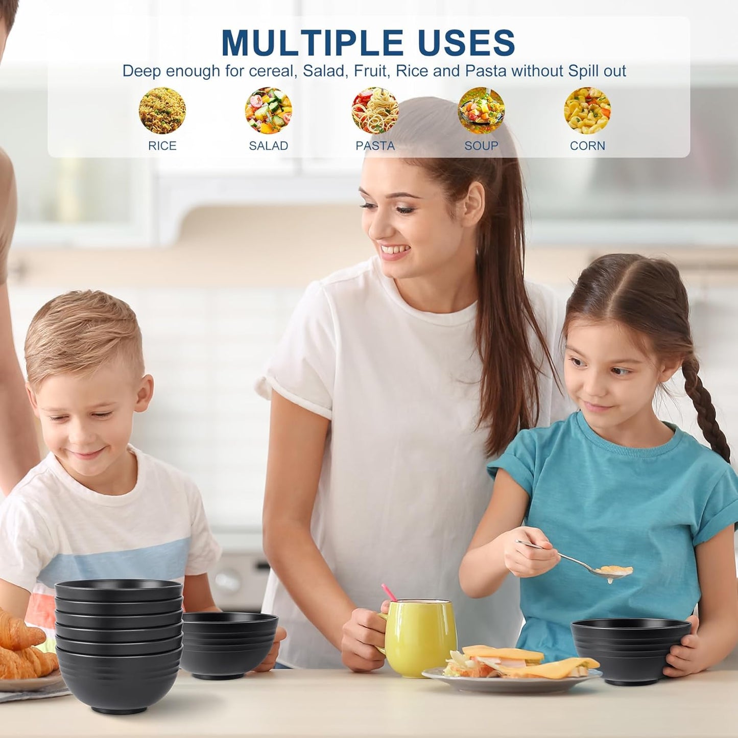 Unbreakable Wheat Straw Cereal Bowls - Microwave & Dishwasher Safe Soup and Salad Bowls, Set of 8, 26Oz, BPA Free, Black