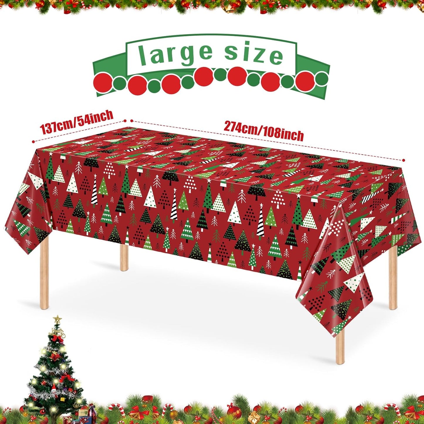 3 Pack Christmas Tree Table Cloth for Rectangle Table, Red Green Xmas Disposable Plastic Table Cover Waterproof Christmas Table Decorations for Winter Holiday New Year Party Supplies, 54X108 Inch