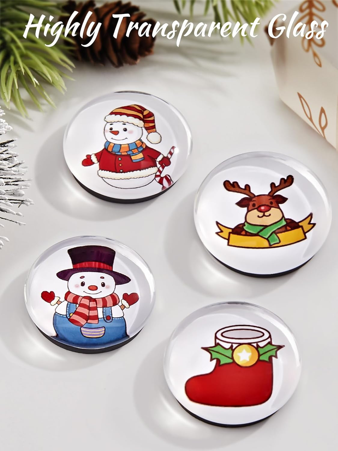 12-Pack Christmas Magnets for Fridge, Glass Christmas Refrigerator Magnets, Small Xmas Decorative Magnets, Cute Funny Fridge Magnets for Home Kitchen Office Dishwasher (Round Shape)