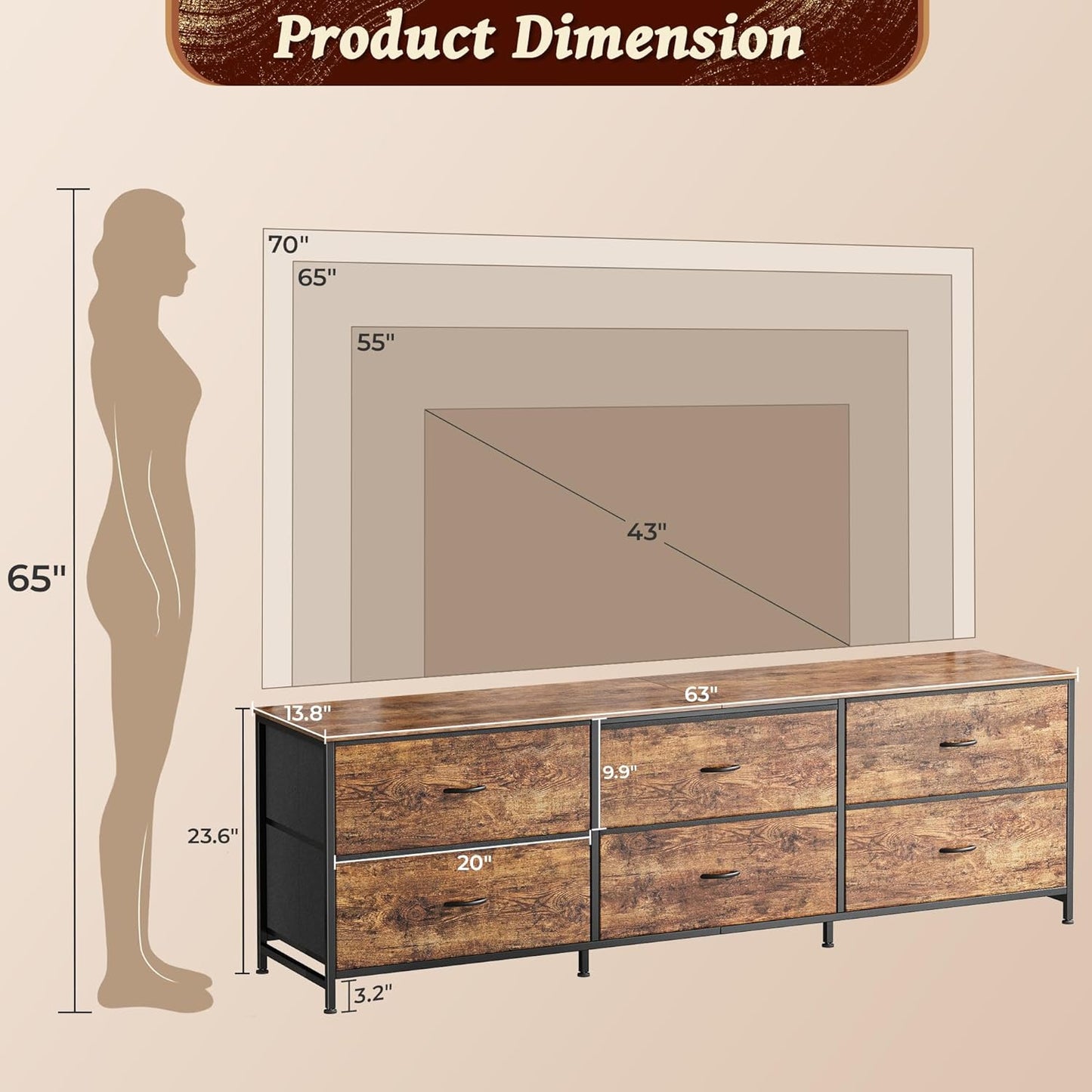 63-Inch Rustic Brown Dresser and TV Stand, Suitable for 55 to 70 Inch TVs, Featuring 6 Fabric Drawer Storage for Bedroom and Entryway Organization