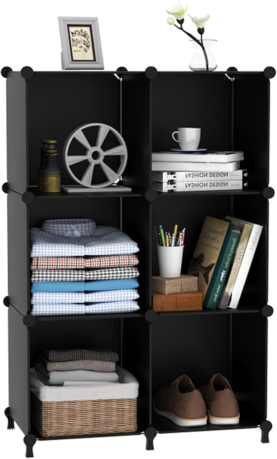 Cube Storage Organizer, Storage Cubes Shelves Bookshelf, 6 Cube Closet Organizers and Storage, DIY Stackable Plastic Clothes Organizer Shelving for Bedroom, Home, Black