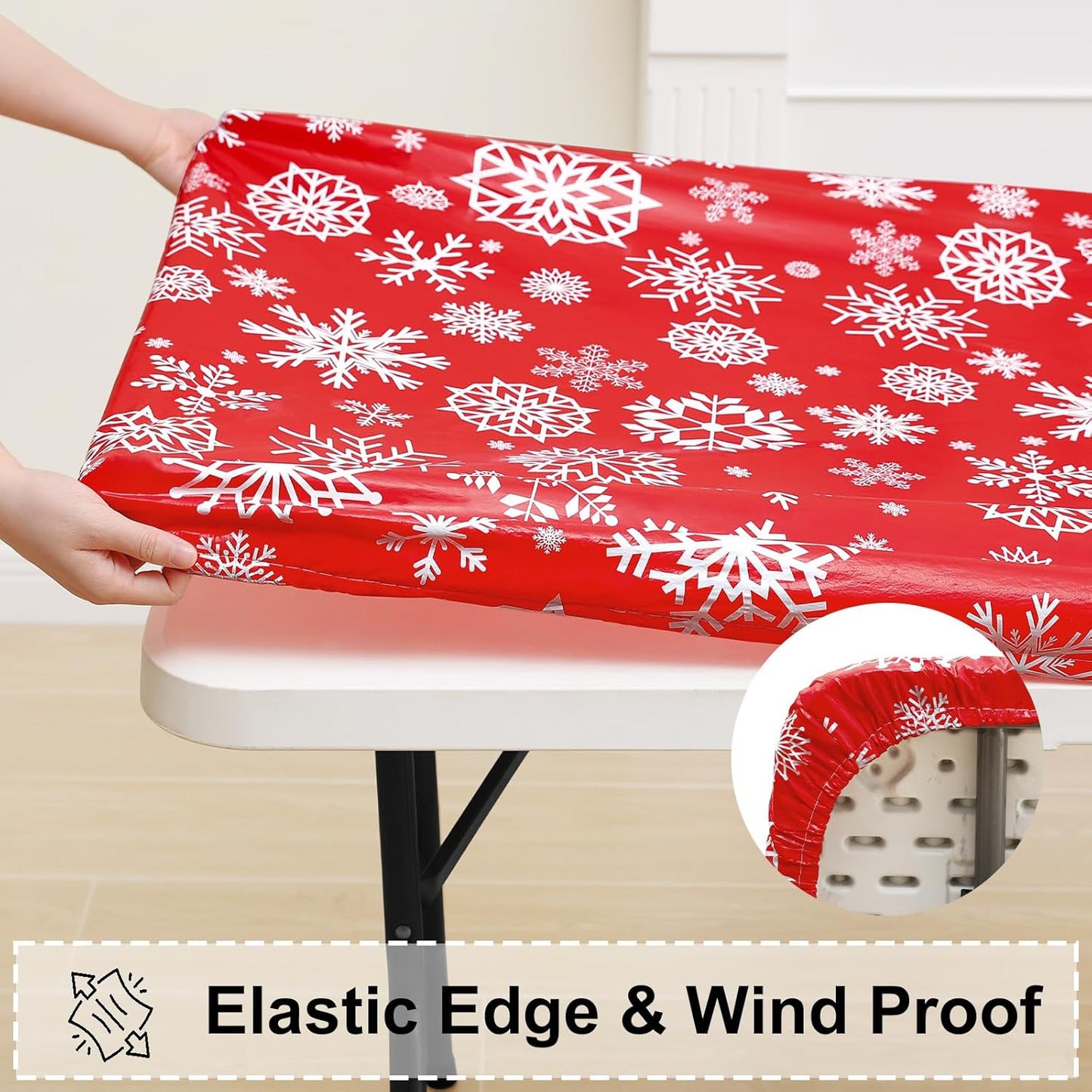 Rectangle Vinyl Tablecloth, Fitted Table Cover, 100% Waterproof, Elastic Edge, Flannel Backing, Plastic Table Cloth Fit 6 Foot Folding Tables for Picnic, Outdoor (Red Snowflake, 30X72 Inch)