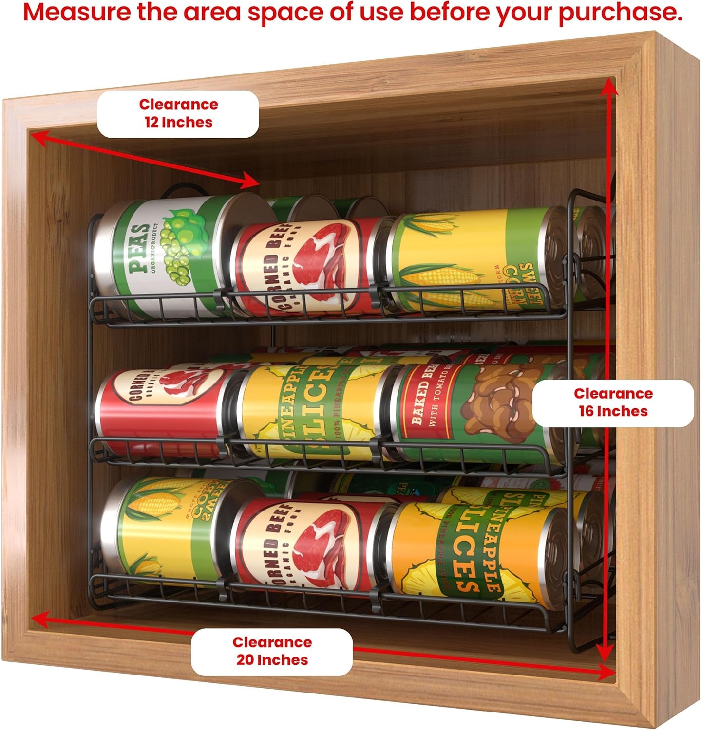 Storage Rack Organizer 16.5 X 12.5 X 13.5 Inch, Stackable, Holds Upto 36 Cans for Kitchen Cabinet or Pantry (Black)