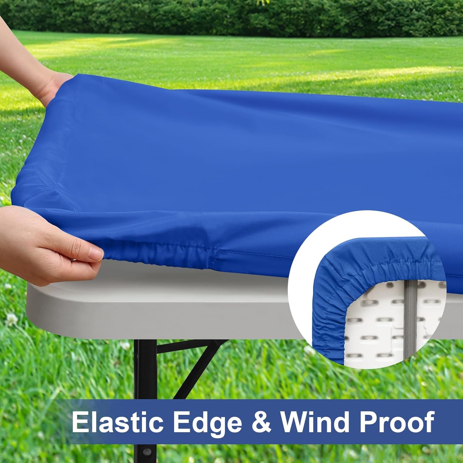 2 Pack Rectangle Table Cloth, Elastic Fitted Fabric Tablecloth Fits for 5 Foot Folding Tables, Washable Table Cover for Picnic, Camping, Indoor & Outdoor (Blue, 30" X 60")