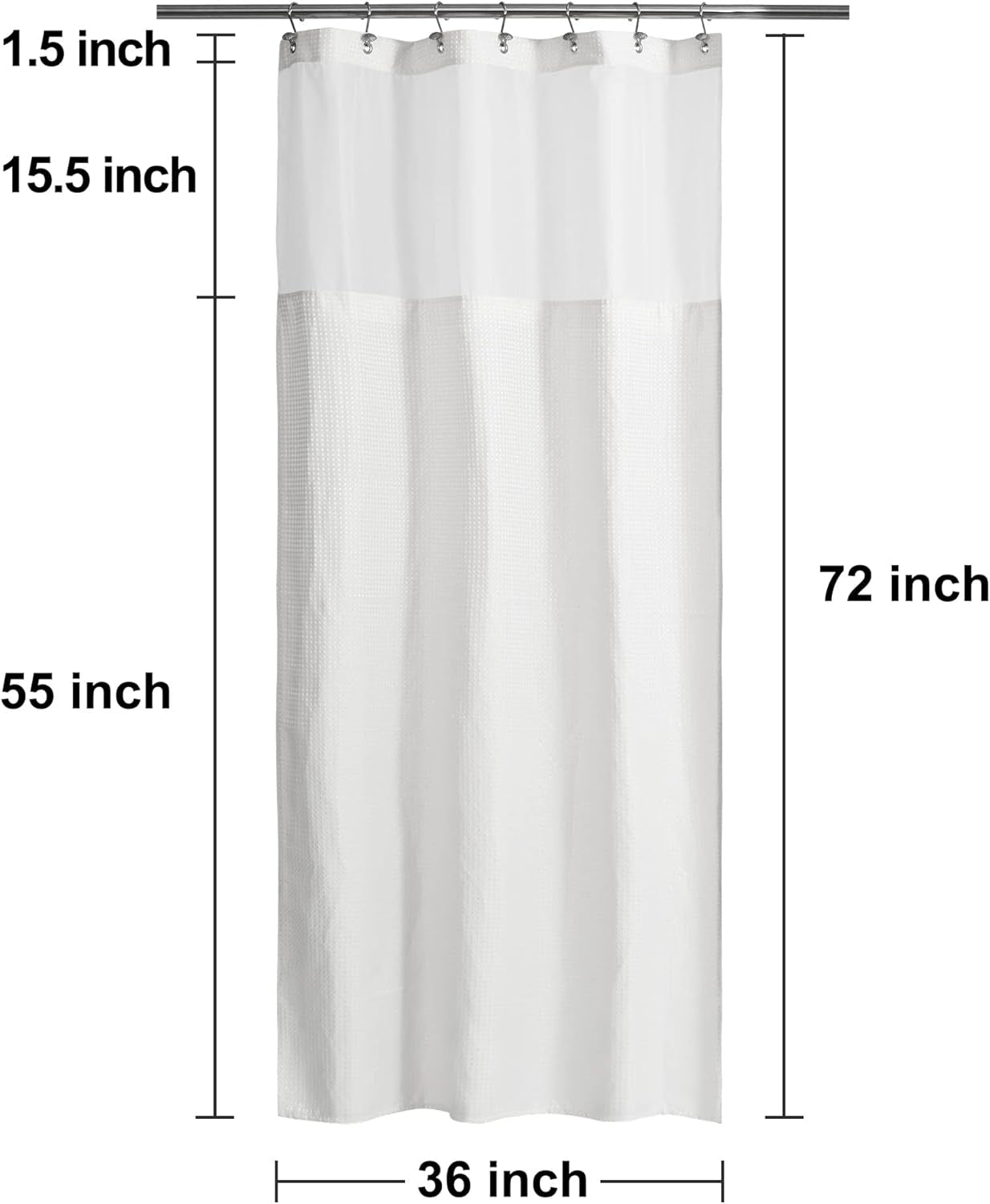 Stall Waffle Weave Shower Curtain with Snap-In Fabric Liner & Hooks Set - 36" X 72" Small Shower Stall Size, Hotel Style & Mesh Top Window, Machine Washable - 36X72, White