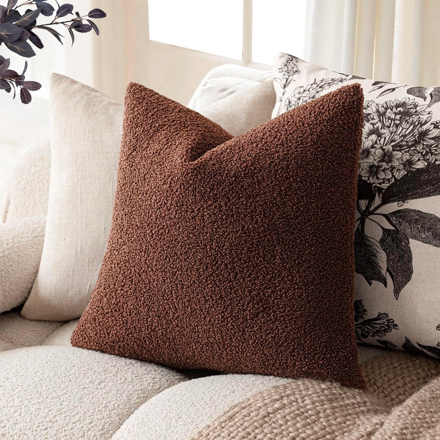 Pack of 2, Curly Faux Fur Decorative Throw Pillow Covers Soft Fuzzy Plush Cushion Case with Zipper Cozy Pillowcase for Home Living Room Couch Bed Sofa 16 X 16 Inch,Red Brown