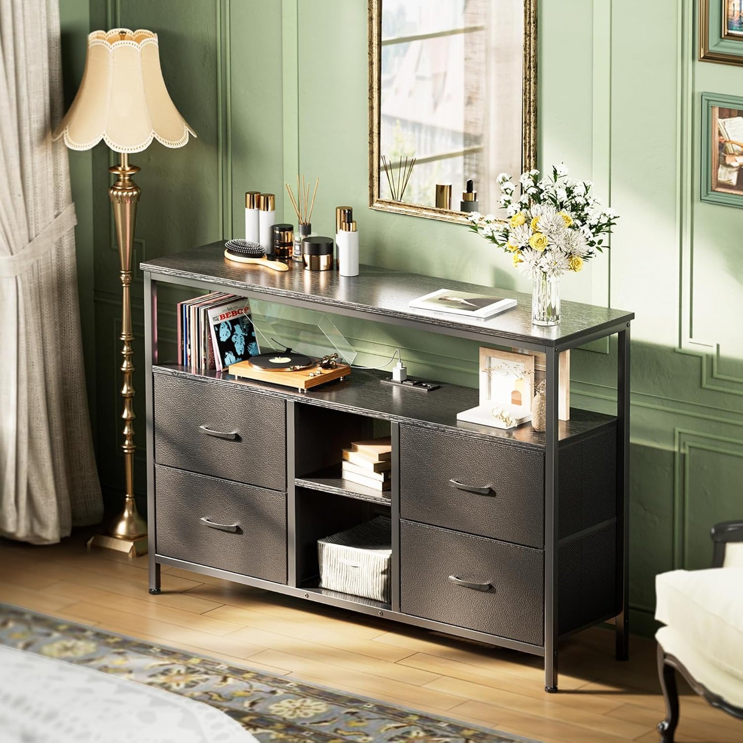 TV Stand Dresser with Integrated Power Outlets and LED Lighting, 4-Drawer Entertainment Center with Open Shelf, Media Console for 43-50 Inch TVs, Black PU Finish