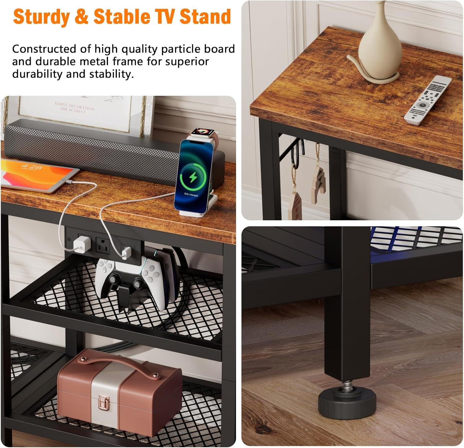 TV Stand with Power Outlets, Entertainment Center with Open Storage Shelves for Tvs up to 55 Inch, Media Console Table with Soundbar Shelf for Living Room, Bedroom, Rustic Brown