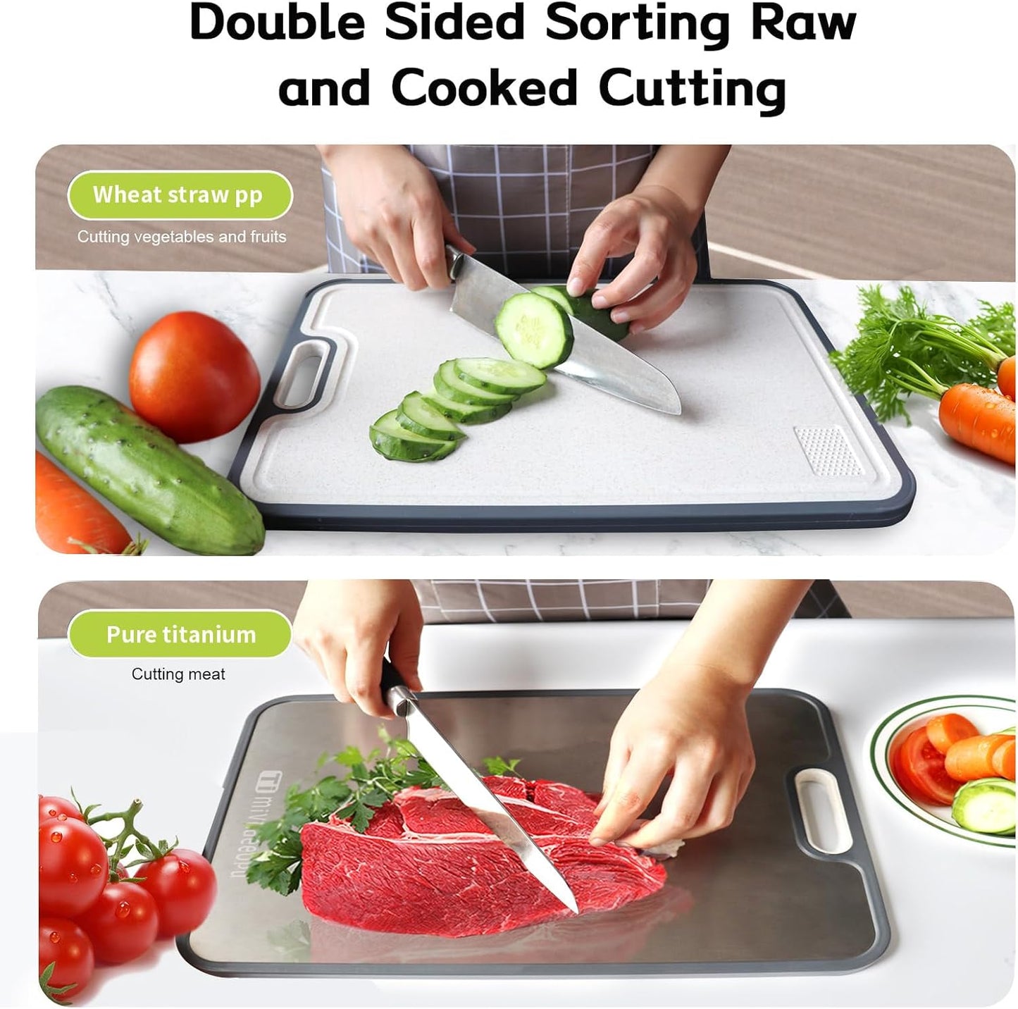Titanium Cutting Board, Titanium Cutting Boards for Kitchen Food Grade Metal Meat Cutting Boards Non Toxic, Pure Cut Titanium & Wheat Straw PP Double Sided Chopping Board, Large 15.2”×10.5” (1 Pcs)