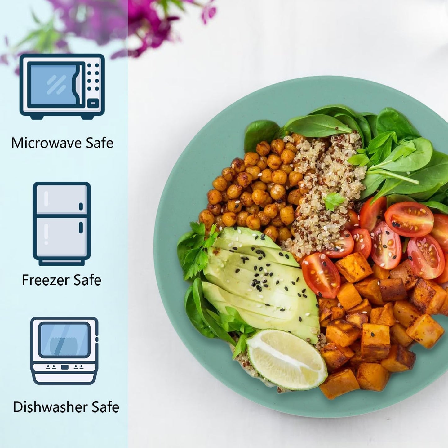 Set of 8 Microwave and Dishwasher Safe Wheat Straw Flat Dinner Plates - Unbreakable 10-Inch Kids Plates in Green, Model MS 01