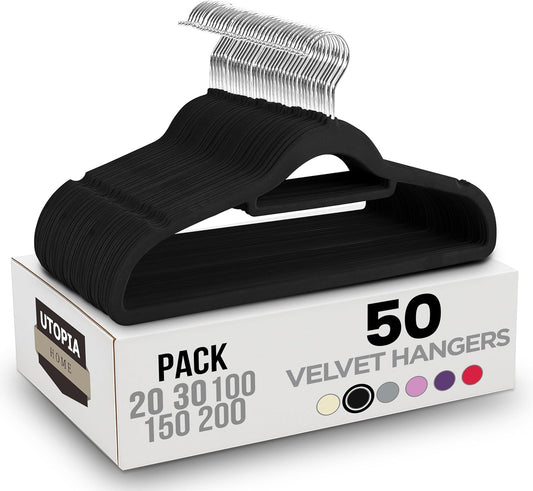 Premium Velvet Hangers 50 Pack - Non-Slip Clothes Hanger with Tie Bar - Black Hangers with 360 Degree Rotatable Hook - Heavy Duty Coat Hanger