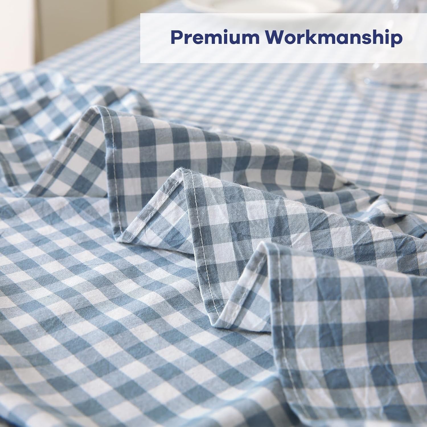 Dust Blue and White Plaid Cotton Ruffled Rectangular Tablecloth, 120 x 60 Inches, Vintage Cottage Style