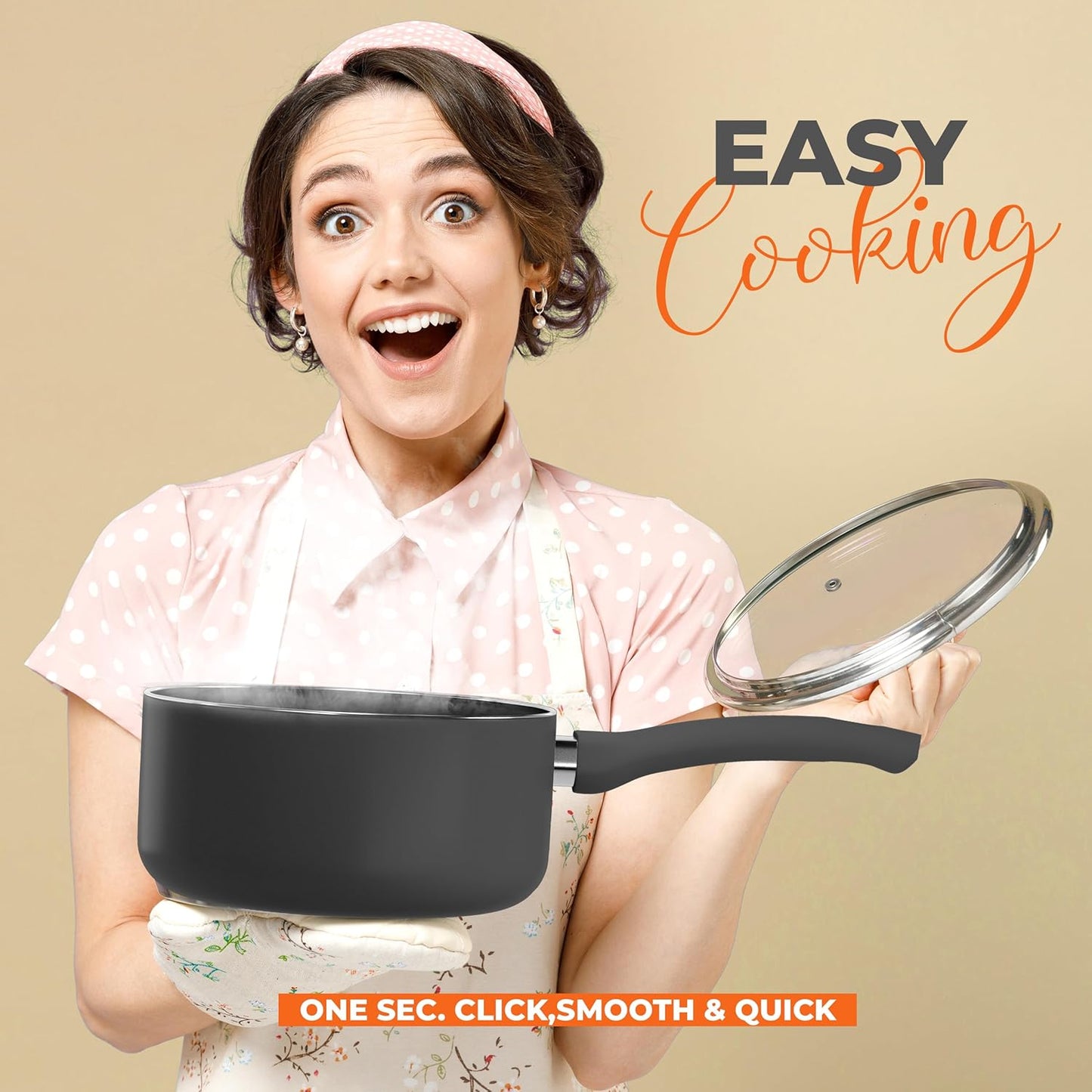 2 Quart Detachable Handle Nonstick Saucepan with Glass Lid, Multipurpose Use for Home, Kitchen or Restaurant, Grey & Black