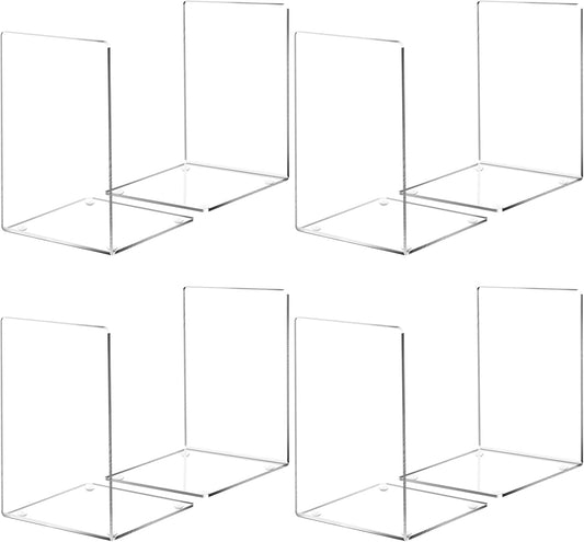 Book Ends, 8 Pcs Book Ends Acrylic Bookends for Shelves, Clear Book Holder Stand, Non-Skid Decorative Bookend, Study Book Organizer for Home Library Office, 5 X 5 X 7.3 Inch