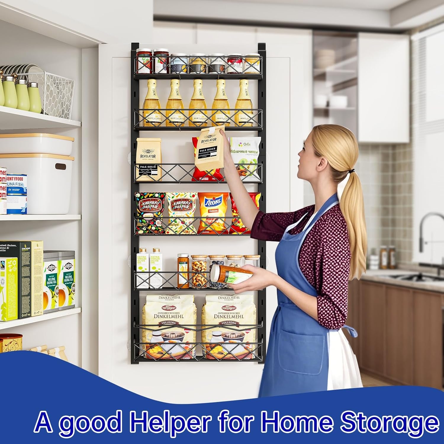 over the Door Organizer, Black 6-Tier Pantry Door Organizer with Adjustable Basket, Hanging Spice Rack Cabinet Door Shelves, Laundry Room Organization and Storage