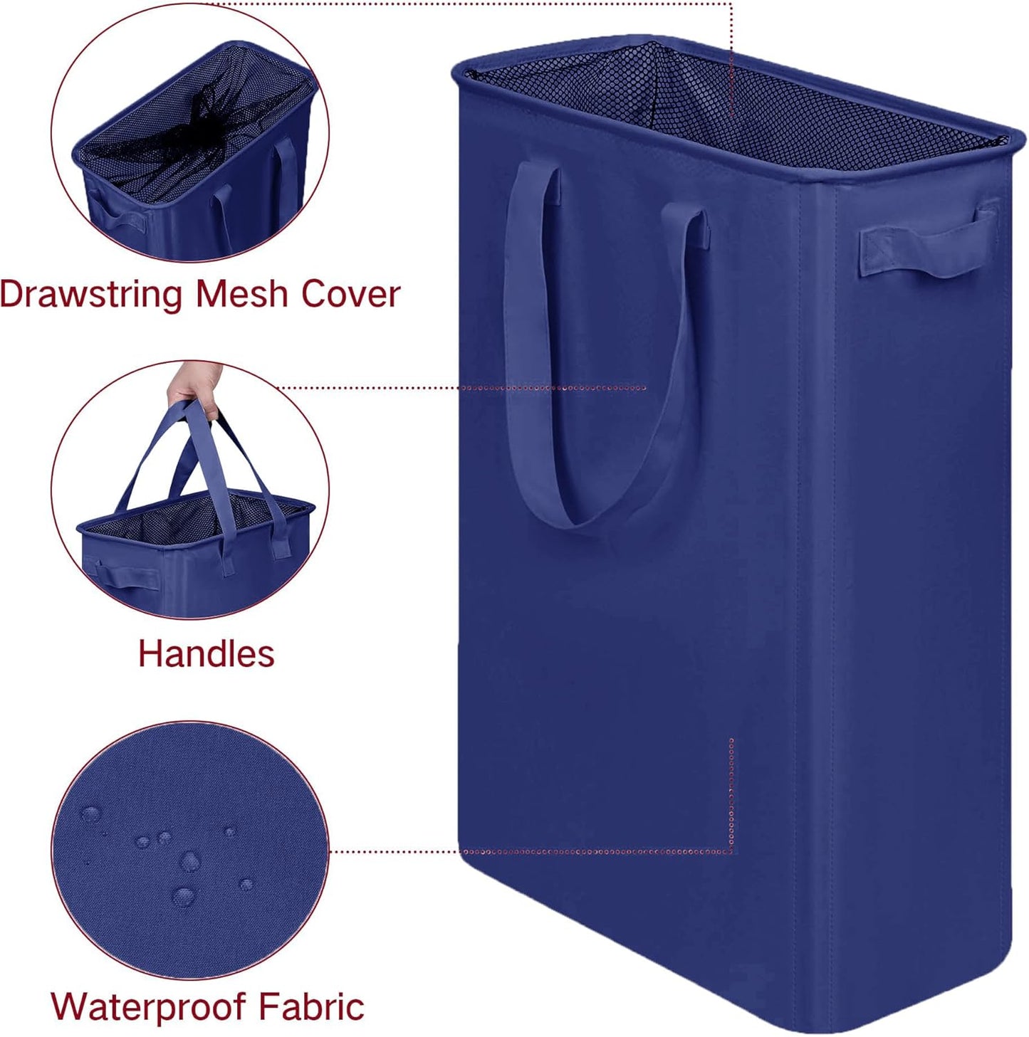 Slim Laundry Basket, Narrow Laundry Hamper with Handles, Collapsible Dirty Clothes Hamper, Tall Laundry Bin for Laundry Room, Dorm and Bedroom, 12.7 Gallons(48L) Blue