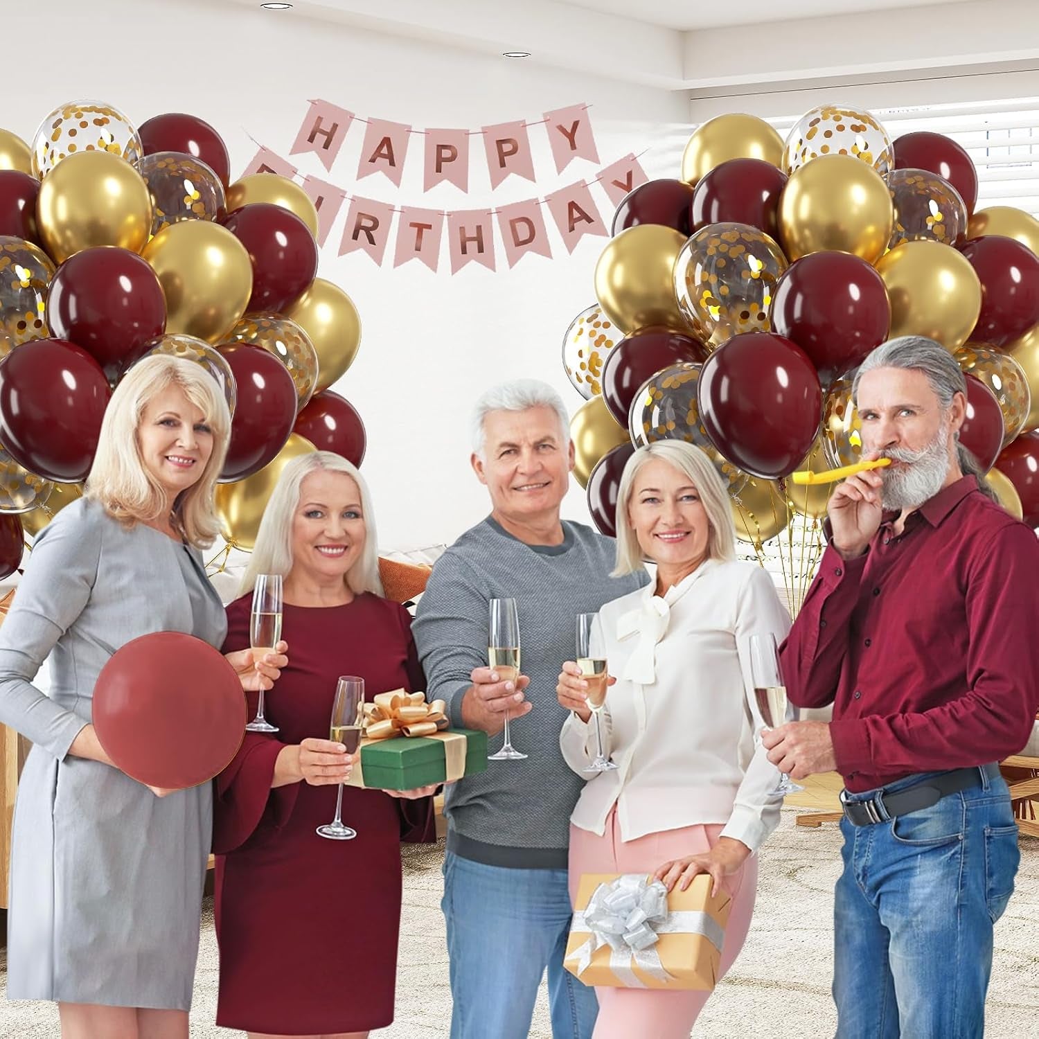60Pcs Burgundy and Gold Balloons 12Inch, Maroon and Gold Balloons with Metallic Gold Confetti Balloons for Graduation Birthday Bridal Shower Party Decorations