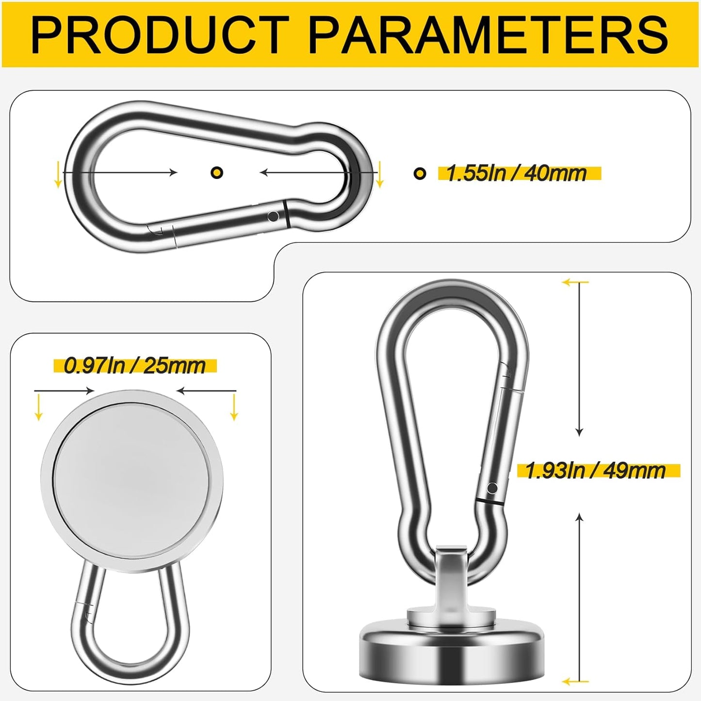 4Pack Magnetic Hooks with Swivel Carabiner, 50LBS Neodymium Magnet Hooks Heavy Duty, Strong Magnetic Hooks for Hanging, Magnet with Hook for Outdoor, Garage, Warehouse, Home