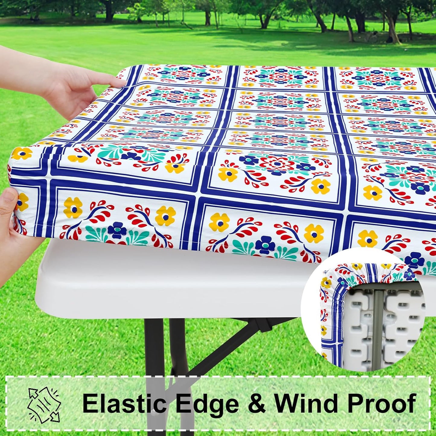 Rectangle Vinyl Tablecloth, Fitted Table Cover, 100% Waterproof, Elastic Edge, Flannel Backing, Table Cloth Fit 4 Foot Folding Tables for Picnic, Outdoor (Geometric Flower, 30X48 Inch)