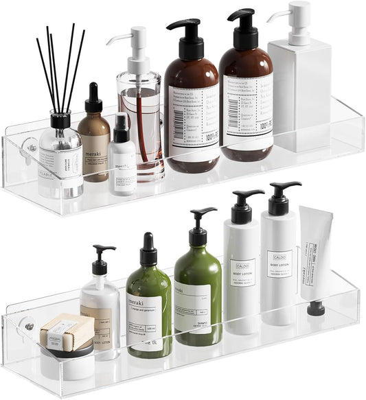 2Pack Acrylic Shower Shelves, Adhesive Bathroom Shower Caddy Organizer, No Drilling/Drilling Wall Floating Shelves for Bathroom Storage Kitchen Home Décor, No Hook