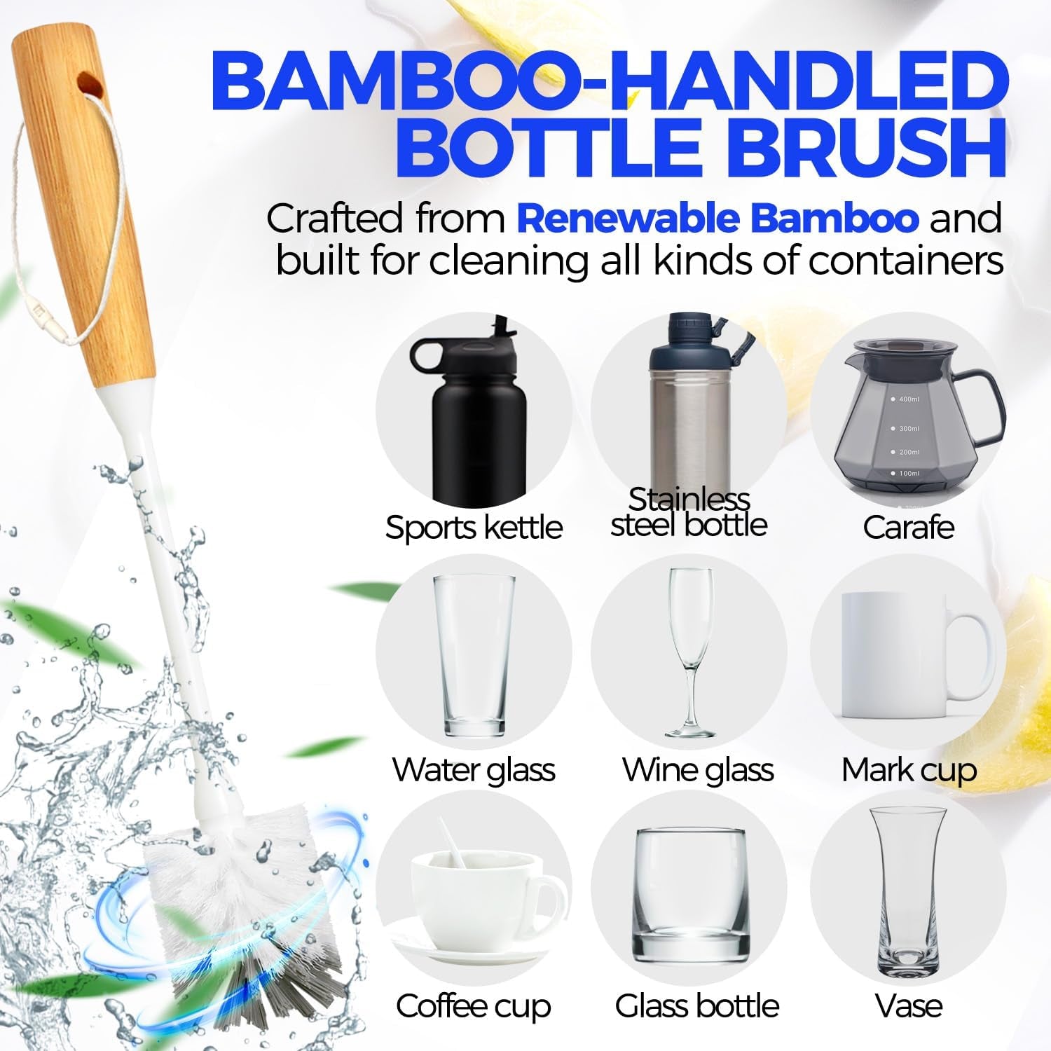 5 Pack Bottle Brush Cleaner Set, 14" Bamboo Handle Bottle Cleaner Brush, 3 Straw Brushes, Bottle Cleaning Brush for Water Bottle, Cups, Baby Bottle, Straws Grey White