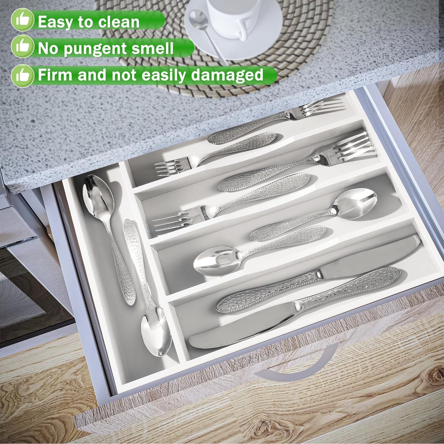 White Silverware Organizer 10 in Utensil Organizer Silverware Tray for Drawer Cutlery Flatware Organizer for Kitchen Bamboo Wood