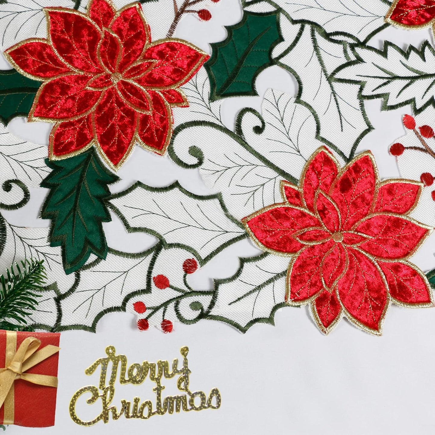 Christmas Table Runner, Embroidered Red Poinsettia Short Table Runner 36 Inches, White Textured Fabric Runner with Applique Velvet Flower for Dining Table, Holiday Table Decoration