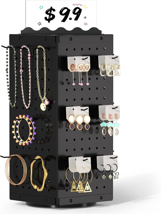 Metal Spinning Peg Board Display Stand with Removable Hooks – Earring Display Stands, Jewelry Display for Vendors Black
