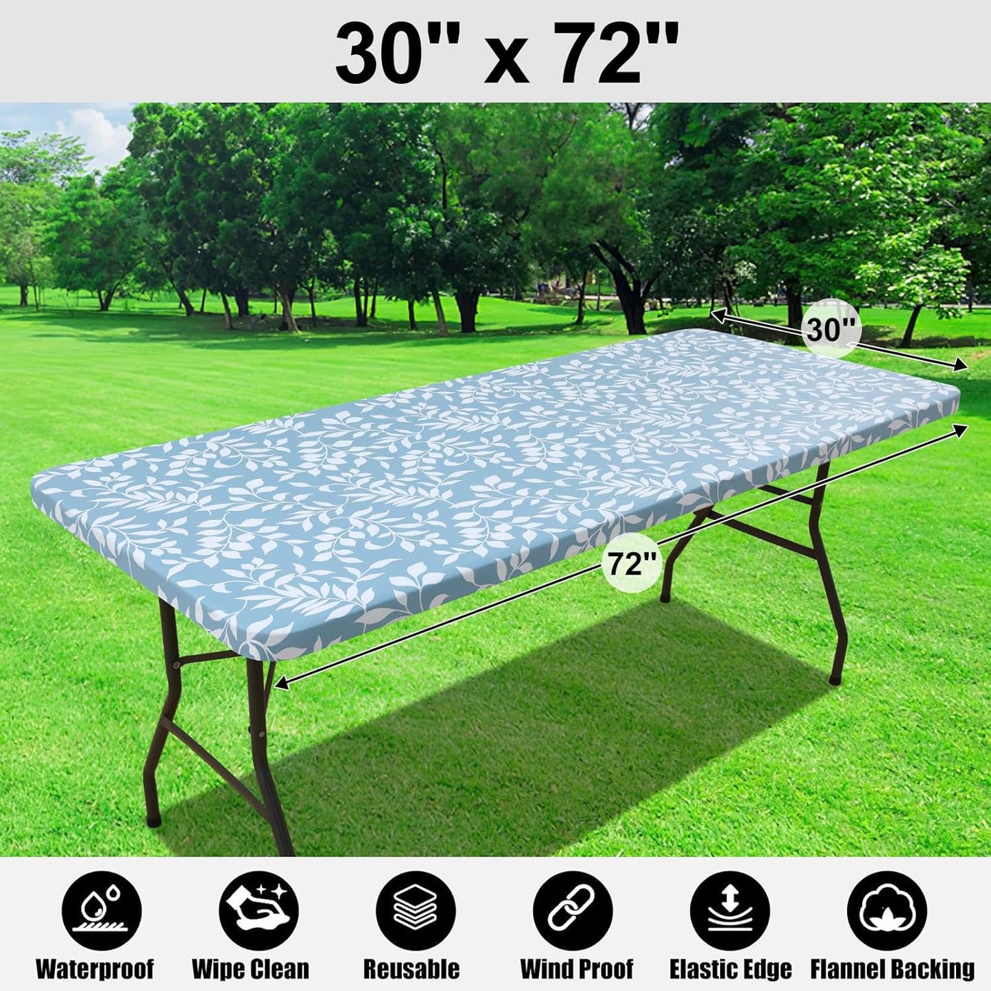 Rectangle Picnic Tablecloth, Waterproof Elastic Fitted Table Covers for 6 Foot Tables, Wipeable Flannel Backed Vinyl Tablecloths for Camping, Indoor, Outdoor (Blue Leaves, 30X72 Inches)