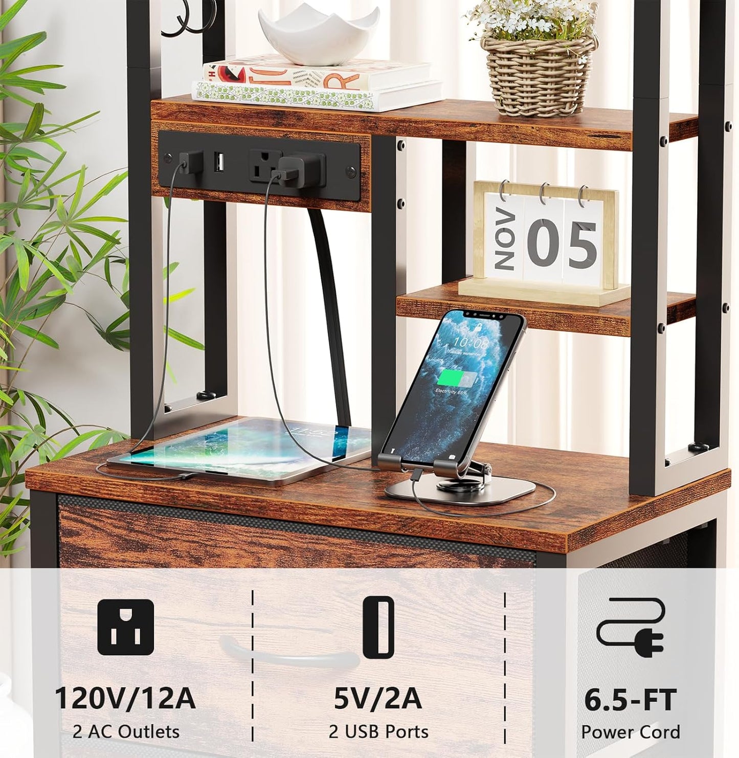 Tall Nightstand with LED Charging Station, USB Ports, Four Fabric Drawers, and Four-Tier Storage Shelf - Rustic Brown Bedside Table for Bedroom, Home, Dorm, and Office