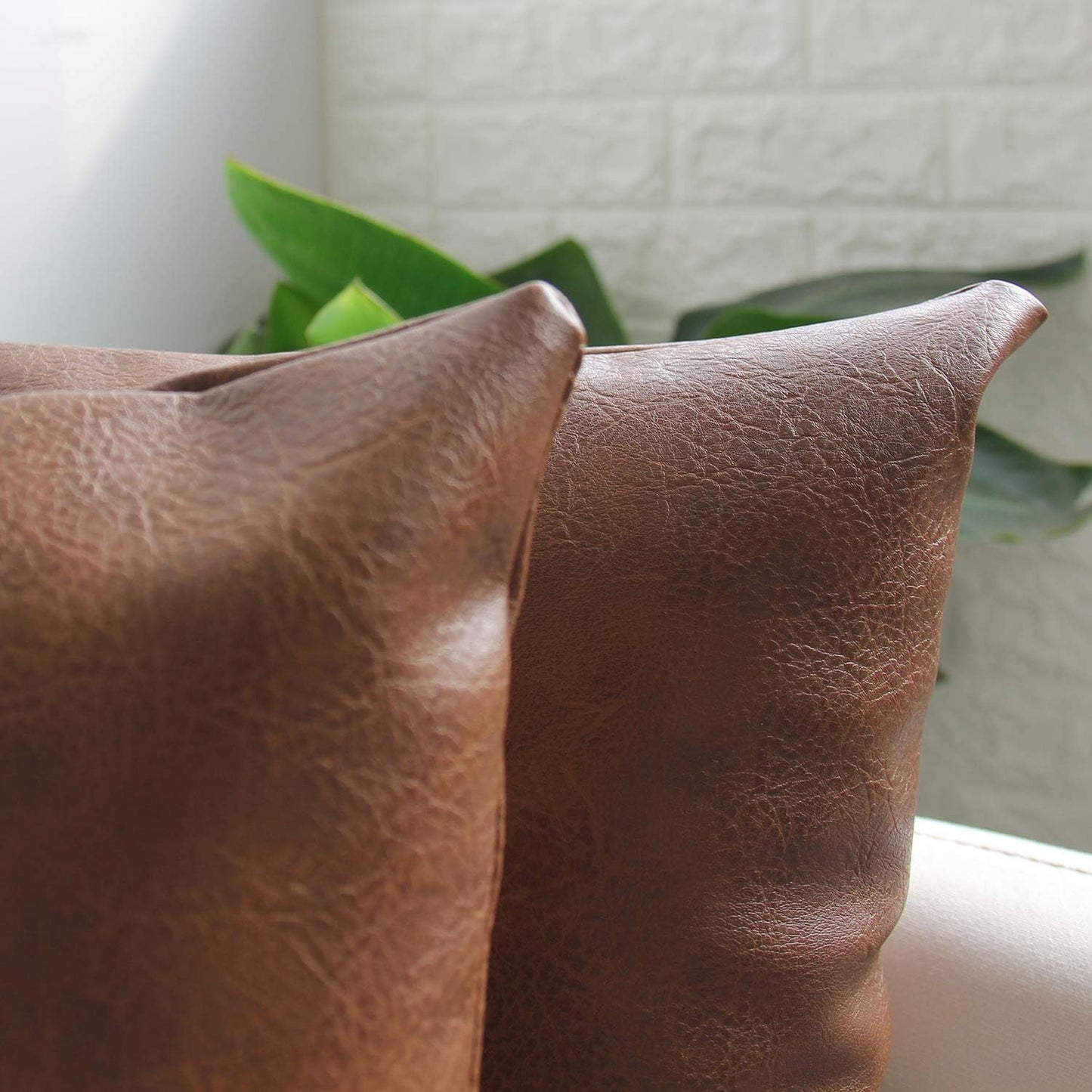 Modern Leather Throw Pillow Covers for Couch Sofa Bed Set of 2 100% Faux Leather Dark Brown 20" X 20"