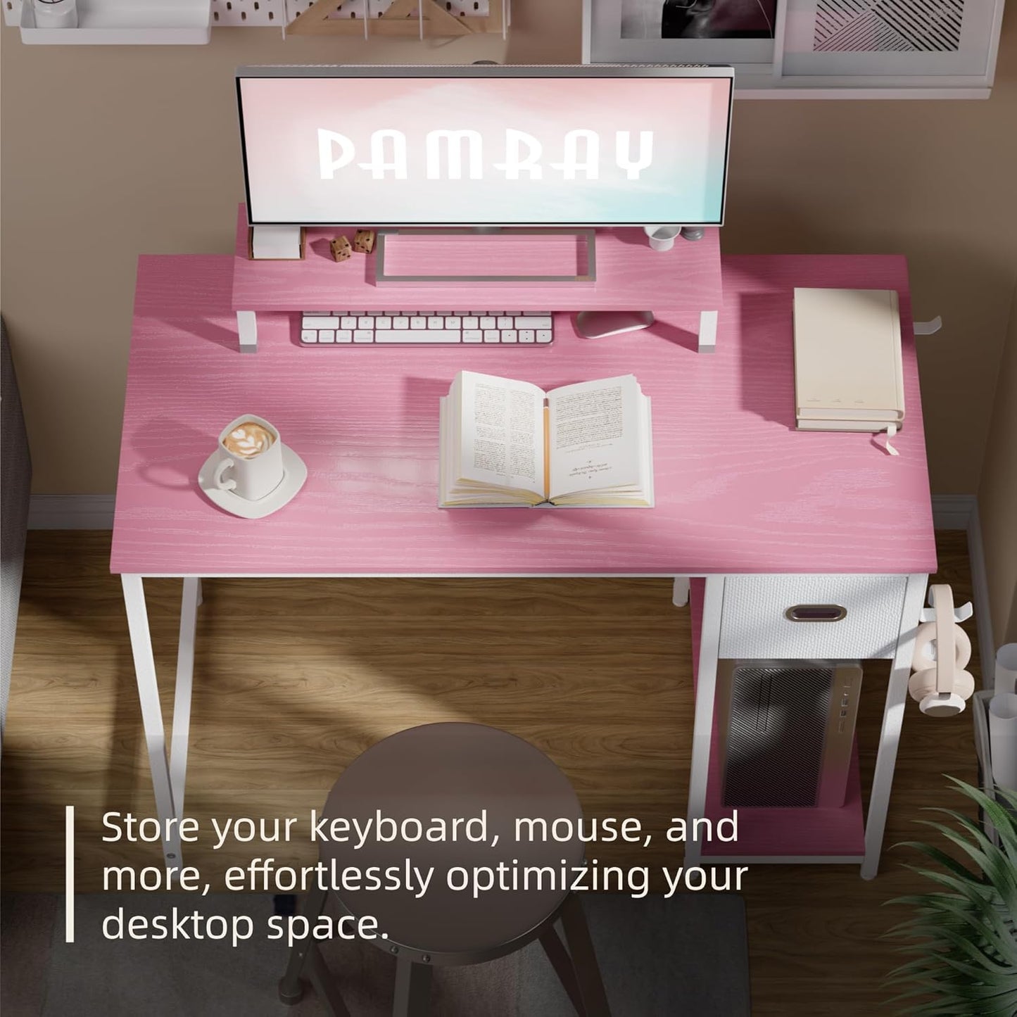 39 Inch Computer Desk with Monitor Stand Small Home Office Desks with Non-Woven Storage Drawer for Bedroom Study Table Writing and Work Desk Pink