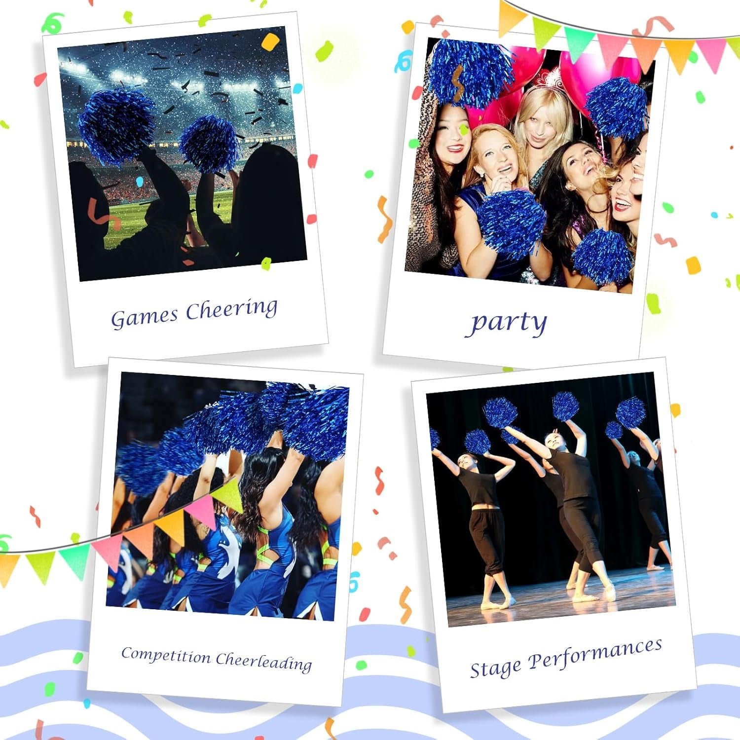 24Pcs Metallic Pom Poms Cheerleading with Baton Handle Cheer Pom Poms for Kids Adults Cheering Party Dance Sportsteam Spirit Sports(Blue)