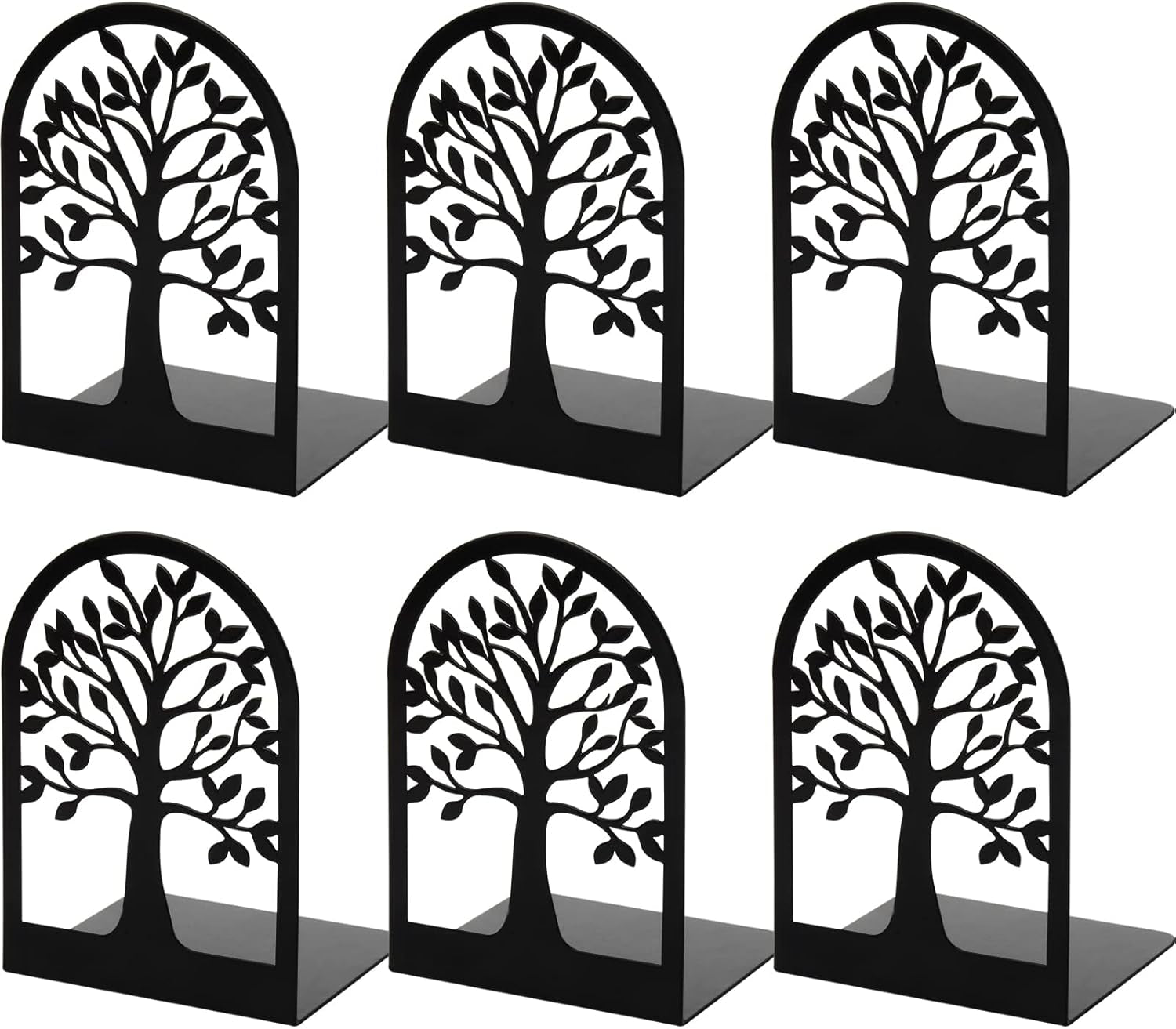 Book Ends, Metal Book Ends to Hold Books, Tree Decorative Bookends for Shelves, Black Book Stopper Bookend for Heavy Books, Book Holder for Shelf Home Office, 6.8 X 4.7 X 3.5(3 Pair/6 Pcs)