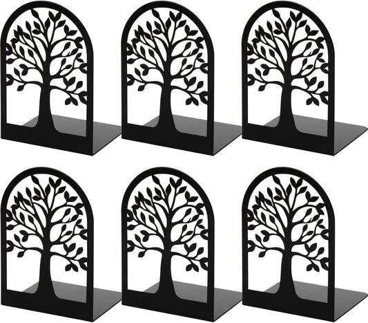 Book Ends, Metal Book Ends to Hold Books, Tree Decorative Bookends for Shelves, Black Book Stopper Bookend for Heavy Books, Book Holder for Shelf Home Office, 6.8 X 4.7 X 3.5(3 Pair/6 Pcs)